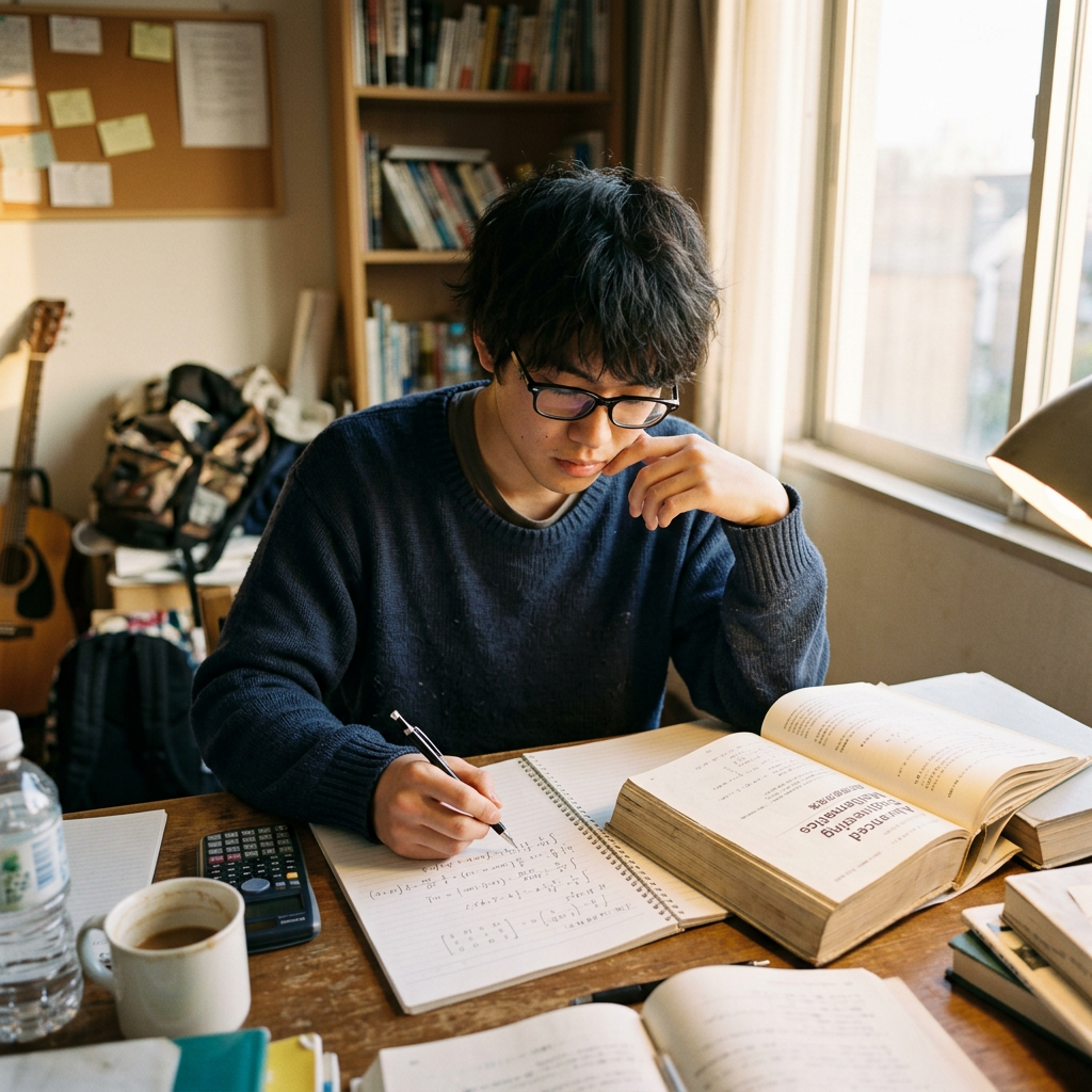Student writing mathematical equations in notebook surrounded by textbooks and study materials